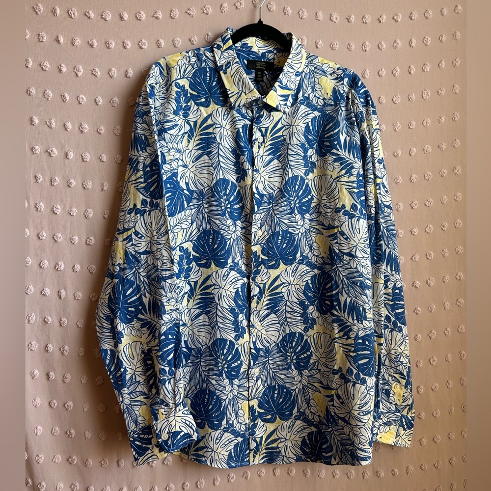 Club Room Luxury Linen Floral Tropical Long Sleeve Button Up Sz XXL Blue Yellow